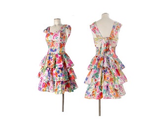 Vintage 80s Dress - 80s Floral Dress - 80s Mini Dress - 80s Party Dress - 80s Prom Dress - Backless Dress - Flounced Dress - Pink Blue Green