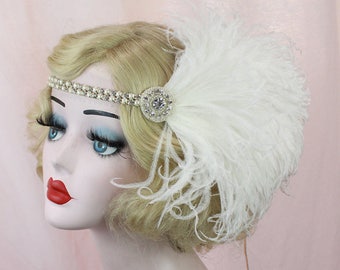 Great Gatsby Crystal Headband, Pearl Hair Accessory, Feather Fascinator, Flapper Headpiece, Feather Headband, Bridal Headpiece