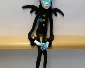 Black Bunny Bat. Handmade doll, Strange, Original, Weird, Art doll, Blue, Eyes, Creepy, Cute, ooak doll, bizarre
