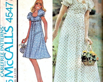 Vintage Sewing Patterns Laura Ashley Peasant Dress Empire Waist Maxi 70s Dress Puff Sleeves Bonnet Pattern Retro McCalls 4547 Bust 34