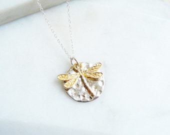 Hammered Silver Disc and Gold Vermeil Dragonfly Necklace