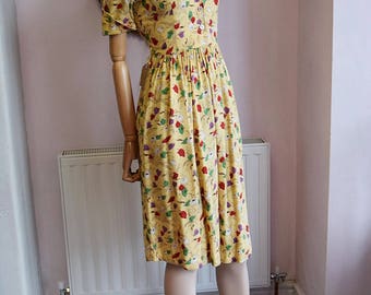 1940's Yellow Poppy Print Dress XXS