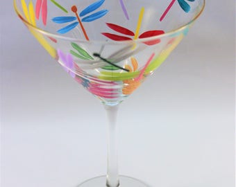 Colorful dragonfly martini glass, hand painted martini glass with multi-color dragonflies, single glass