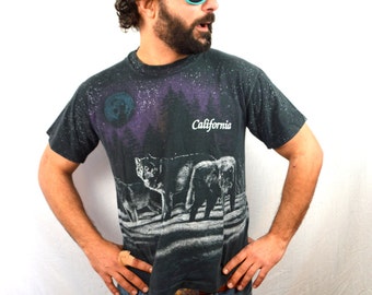Vintage 1991 90s Wolf Moon Night All Over California Black Tshirt Tee Shirt