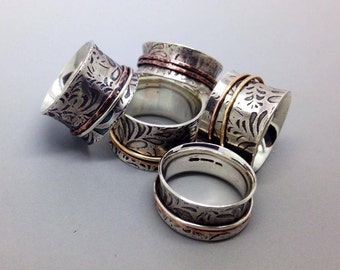 Spinner ring, Sterling silver spinner ring, fidget spinner ring, meditation ring, worry ring, anxiety ring, size O ring, Etched silver ring