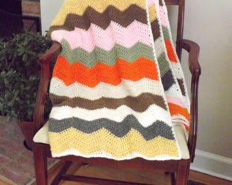 Crochet Chevron Blanket, Large Afghan, Crochet Throw, Housewarming Gift, Ripple Afghan Throw, Multi Color Afghan, Zigzag Crochet, Teen Decor