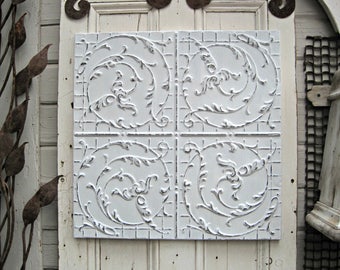 Tin Ceiling Tile. FRAMED 2x2 antique metal tile. Vintage architectural salvage. White Shabby wall decor. Old pressed tin.