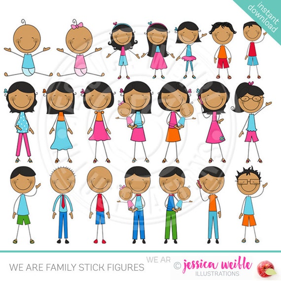 Dark Skin We Are Family Stick Figures Cute Digital Clip Art - Commercial Use OK - Stick Figure Family Graphics Il_570xn