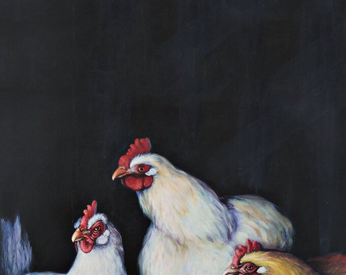 Three Hens Matte Print- Various Sizes | Chicken Art Print, Modern Farmhouse Decor, Chicken Painting, Country Kitchen, Rustic Wedding Decor