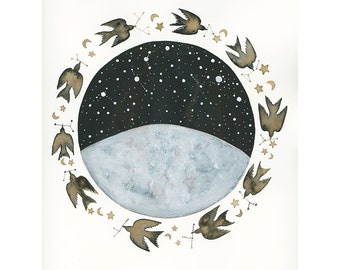 Moon Art // Original Painting // Luna & the Celestial Birds // Nursery Art