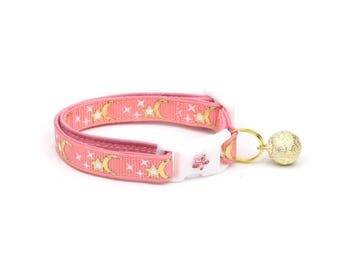 Moon Cat Collar - Gold Moons and Stars on Coral Pink - Breakaway Cat Collar - Kitten or Large size