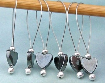 Stitch Markers, Knitting, Hematite Hearts, Semi-Precious Stones, Dark Grey, Snag Free, Knitting Tool, Knitting Accessory, Gift for Knitters