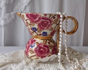 Vintage Pitcher Boch La Louviere Belgium Maroon Camellias Robin Egg Blue Glazed Interior Gilt Handle 1940s
