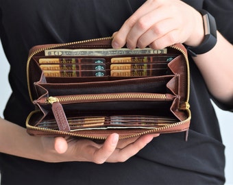 Leather wallet women - Brown leather wallet - Monogrammed wallet - Personalized wallet - Bifold wallet women - Leather phone wallet black