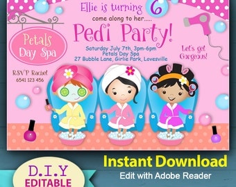 EDITABLE - Spa Party Invitation, girls pamper party, INSTANT DOWNLOAD, Cute Day Spa Invitation, Party Print At Home, Manicure, Pedicure