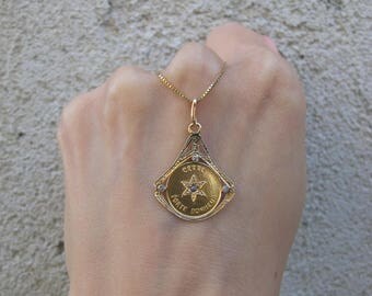 Antique 18k Gold "Cette Porte Bonheur" Good Luck French Charm Pendant with Diamonds