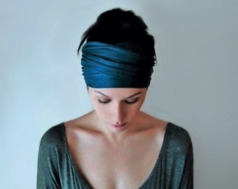 PEACOCK BLUE Head Scarf - Bohemian Headband - Dark Teal Blue Hair Wrap - Non Slip Jersey Headband - Yoga Headband - Boho Hair Accessories