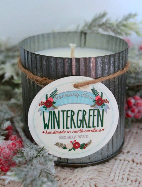 Wintergreen Soy Wax Candle in 12 oz. Zinc Tin - Candle for Home, Gift, Housewarming, Hostess, Birthday, Present, Holidays, Christmas