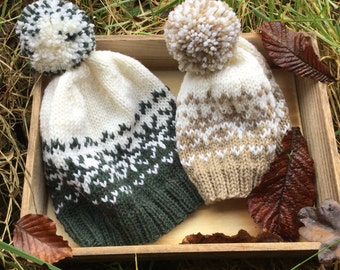 KNITTING PATTERN in PDF , Woolly Snowflakes Hat, Woolly Hat, Messy Bun Hat, Instant gratification Download
