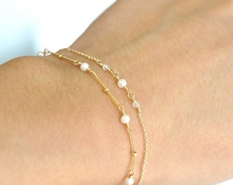 GoldFilled/Silver: Set of 2, Tiny Freshwater Pearl and Moonstone gold bracelet, Delicate gold bracelet, June Birthstone Jewelry