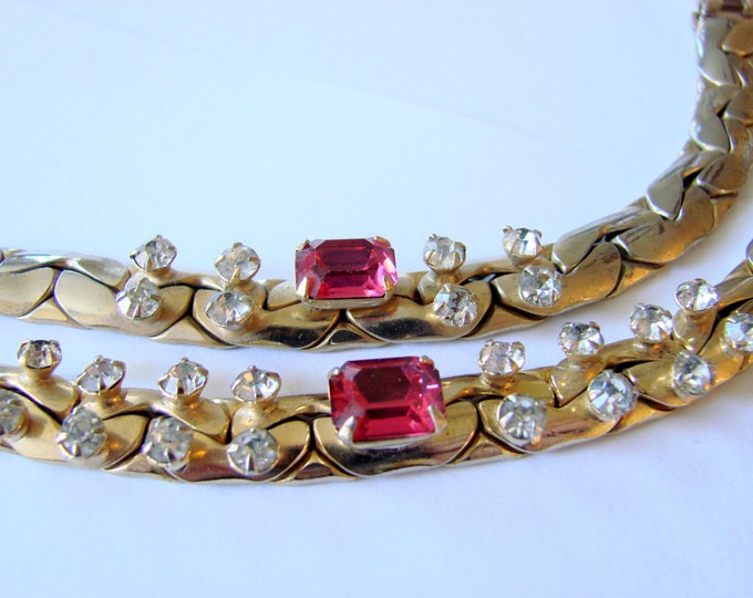 Classic Retro Rhinestone Demi Parure Necklace Bracelet Ruby Faceted Glass Goldtone Link Jewelry Jewellery