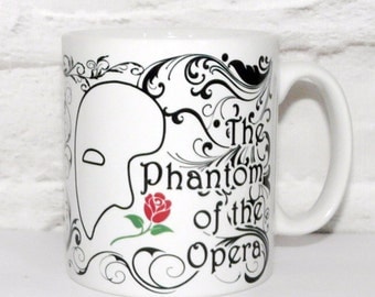 Phantom Of The Opera Mug, Bookish Mug, Mask, Rose, Masquerade Coffee Cup, Musical Opera Mug