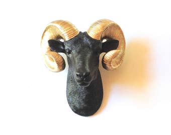 CuStoM Ram Faux Taxidermy Ram Head wall mount in BLACK with GOLD HORNS / faux animal head / faux taxidermie black and gold animal head head