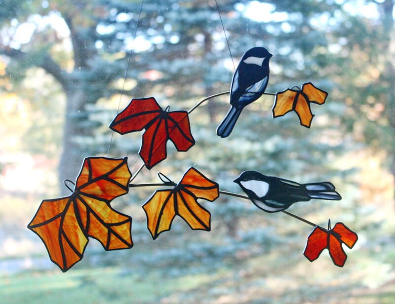 Stained Glass Black Capped Chickadee Pair on Red by BerlinGlass