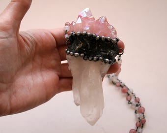 Massive Quartz Point with Pink Aura Quartz Necklace // Crystal with Pink Aura Crystal Cluster Statement Necklace