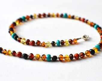 Amber Necklace / Coral Amber Turquoise Jewelry / Colourful Necklace