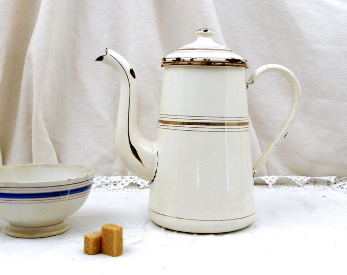 Antique Gooseneck Kettle Gold and Beige Chippy Enamelware Coffee Pot, Cafetière, French Country Decor, Cottage, Farmhouse, Kitchen, France