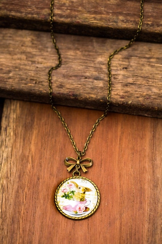 FREE SHIPPING - **NEW** Rabbit In A Teacup 30mm Bronze Lace & Bow Pendant Necklace - Unique - Vintage - Gorgeous Gift - Love