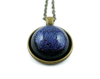 Black blue glitter necklace, in ecological resin, sparkle jewelry, space galaxy pendant, made in Italy, handmade, 15% off shipping