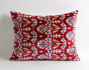Bohemian red velvet throw pillow cover // ethnic home decor 16x20 // silk velvet ikat pillow // red velvet pillow