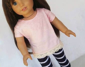18 inch doll clothes, American handmade, peach dolman shirt with lace and blue white striped leggings, 18 inch doll, trendy doll clothes