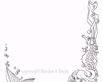 DIGITAL Download BORDER; fantasy, mermaid, from originla ink drawing, for poems, quotes, wishes, 8.5 x 11 inches,