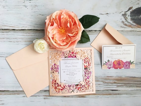 Floral Laser Cut Wedding Invitation Enclosure, Wedding invitation, Rustic Wedding Invitation, Bridal Shower Invitation, Lasercut Invitations