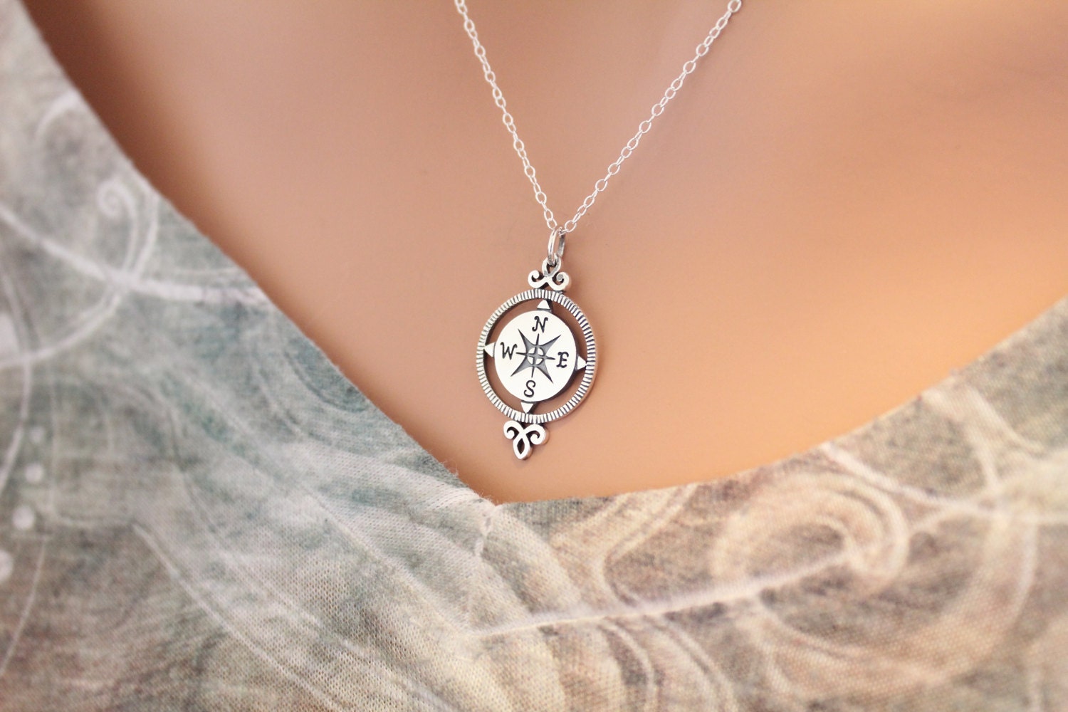 Sterling Silver Compass Pendant Necklace Compass Charm
