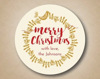 Christmas Gift Tags Gold Christmas Stickers Scandinavian Wreath Holiday Tags Christmas Labels Custom Holiday Stickers Wreath Bird Sticker