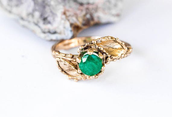 14k gold emerald leaf engagement ring, twig leaf engagement ring, nature emerald ring