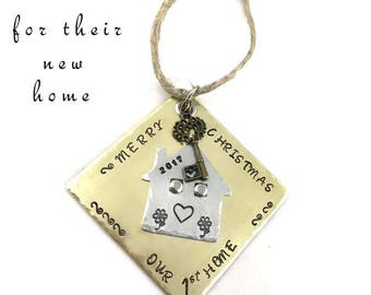 New Home Ornament Our First Home Merry Christmas Hand Stamped Brass Ornament Personalized Gift Key Charm Gifts Under 30 1st Home Gift