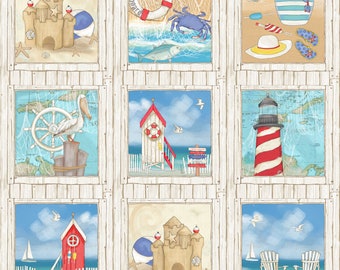 Surf's Up 21541-11; Beach Themed Fabric Panel; Northcott; Julie Dobson Miner; Beach Life; Crab, Lobster, Sand Castle