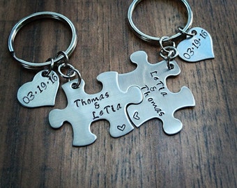 Hand Stamped Personalized Keychain - Couples Puzzle Piece Keychains - Anniversary Gift - Boyfriend Gift - Girlfriend Gift