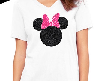 Minnie Mouse Shirt - GLITTER Regular Womens V-Neck (Black Glitter with Pink and white Vinyl Bow) disney tee, disney vacation