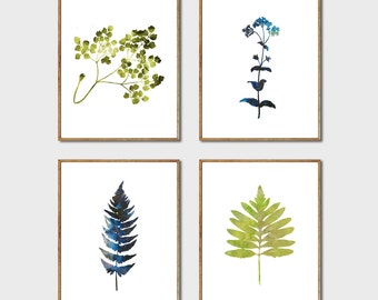 Botanical Print Set of 4 - Floral Art Set, Botanical Poster Set, Fern Art, Leaf Print, Watercolor Flowers, Nature Artwork, Set of 4 Prints
