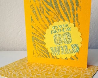 Yellow Animal Print Happy Birthday Card - Leopard Zebra Stamp Ink