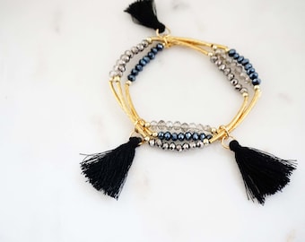 Navy and Gold Beaded Tassel Bracelet