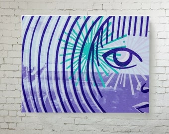 Canvas Wall Art, Screen print reproduction onto wall canvas, bold design home decor blue, purple, green, printed canvas ready to hang