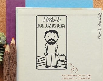 Teacher Book Stamp, Personalized Bookplate Rubber Stamp, Teacher Stamps - Choose Hairstyle, Clothing and Name