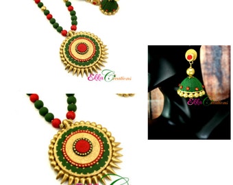 Indian jewelry/Kerala neck set/cream and antique gold neck set/jhumka earring/Terracotta neck set/polymer clay jewelry/bollywood jewelry
